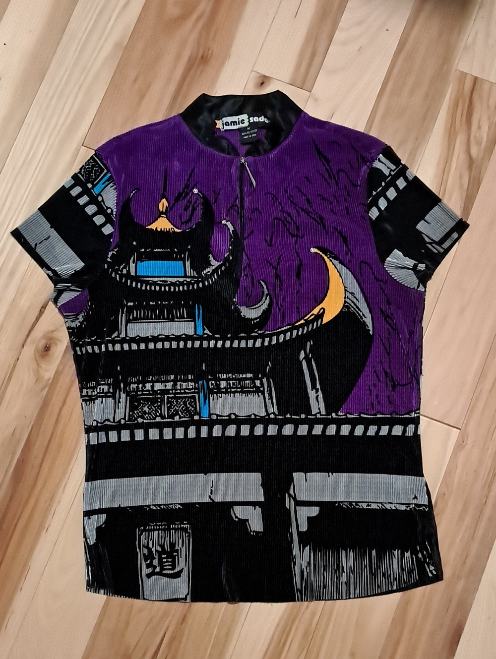 jamie sadock Purple, Black & Silver Short Sleeve Graphic Pleated Tee, M